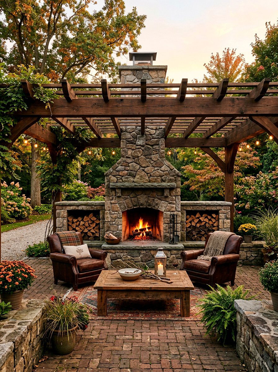 Traditional Wood Pergola Oversized Chimney - 30 pergola with fireplace ideas