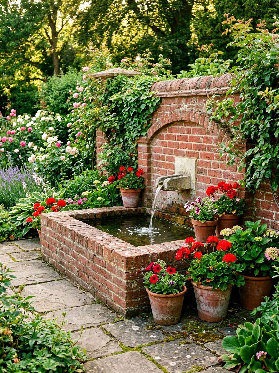 Traditional brick fountain - 30 courtyard fountain garden ideas
