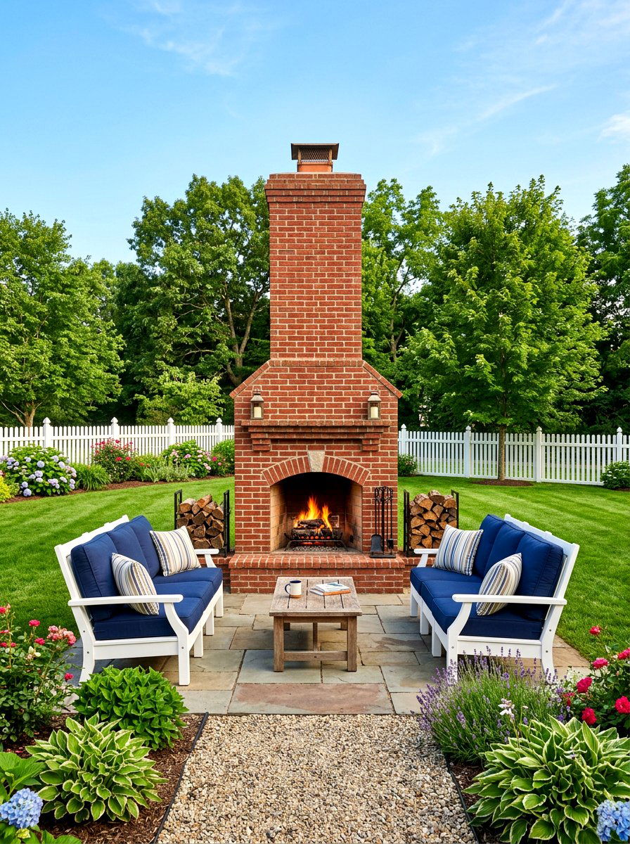 Traditional brick outdoor fireplace - 30 backyard fireplace seating ideas