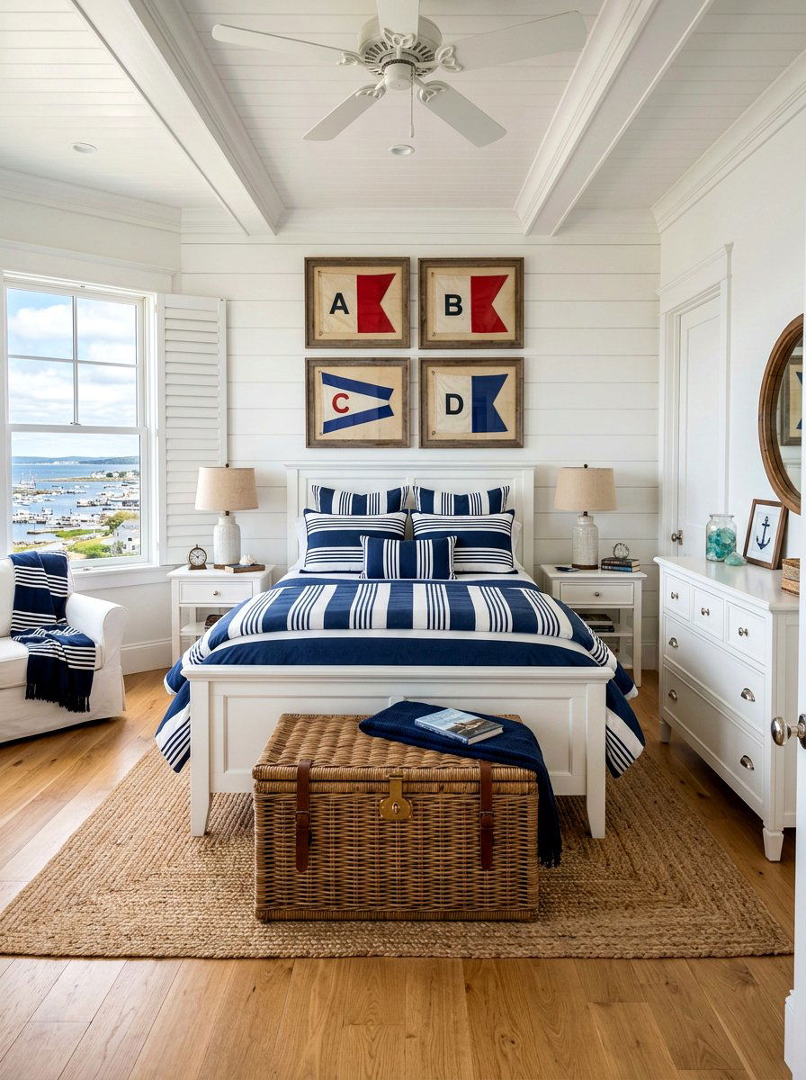 Traditional coastal bedroom with striped patterns - 30 coastal bedroom ideas