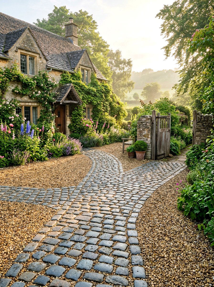 Traditional cobblestone and gravel yard - 30 gravel border garden ideas
