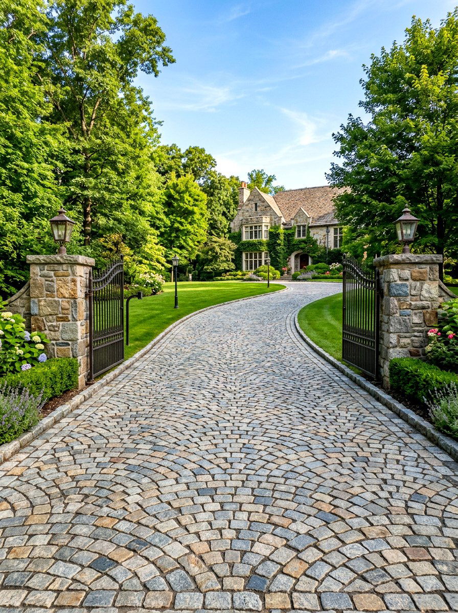 Traditional cobblestone driveway entry - 30 quiet luxury curb appeal ideas