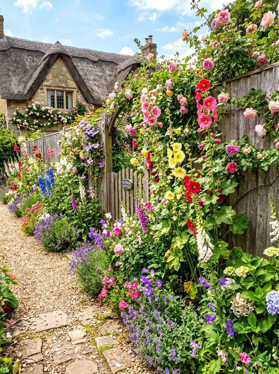 Traditional cottage garden border - 30 border planting ideas along fence