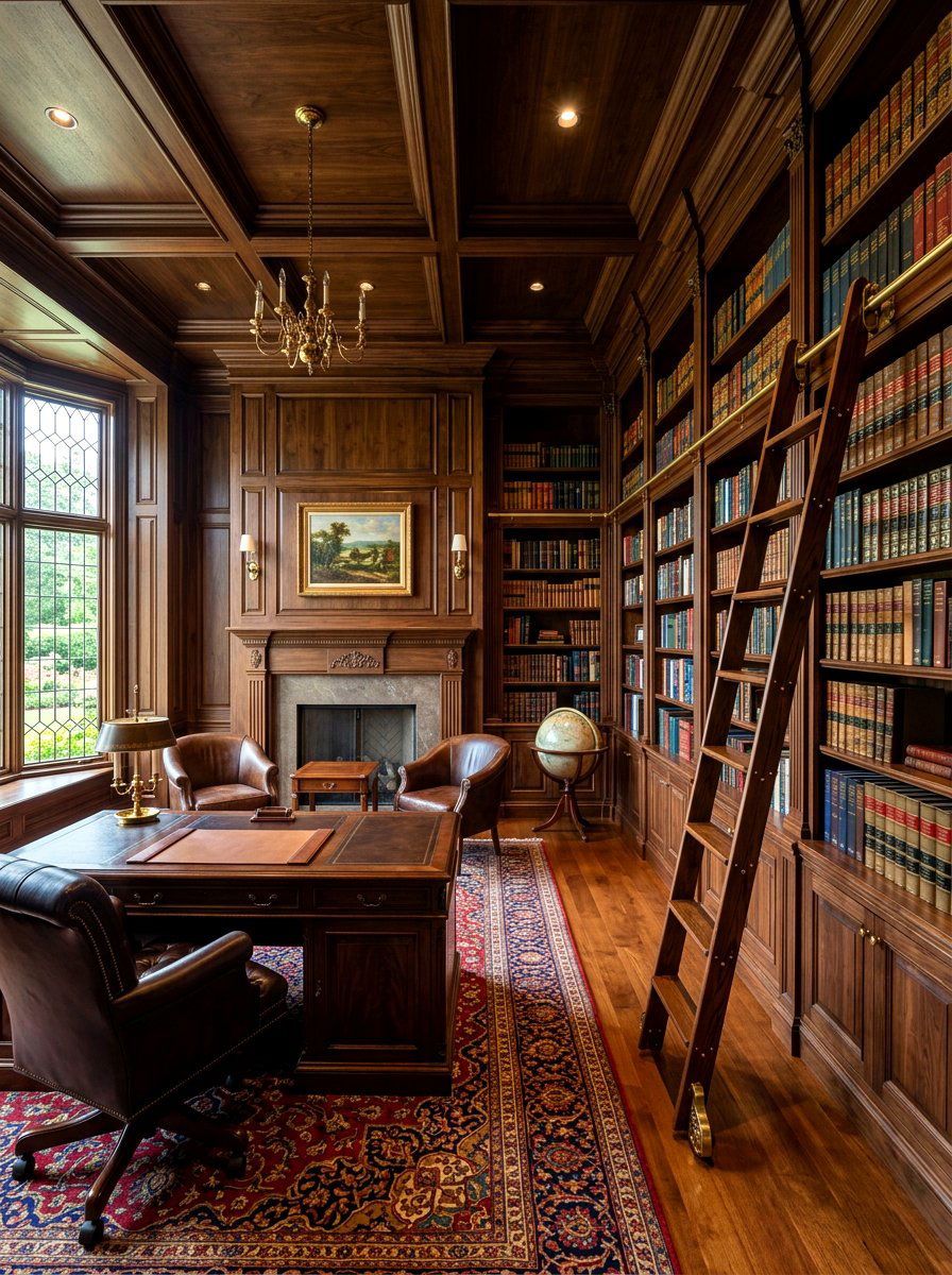 Traditional dark wood study - 30 library ladder ideas