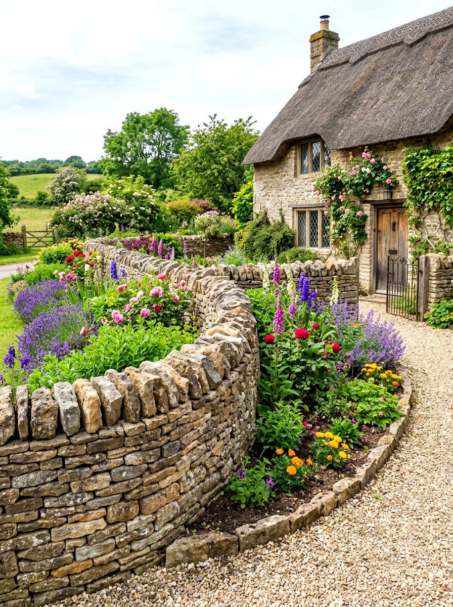 Traditional dry stack stone wall - 30 stone edging front yard ideas