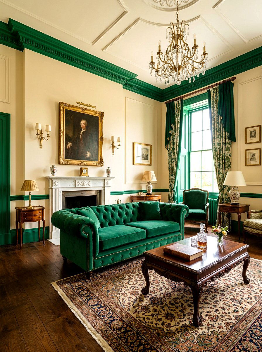 Traditional living room with green molding - 30 emerald green living room ideas