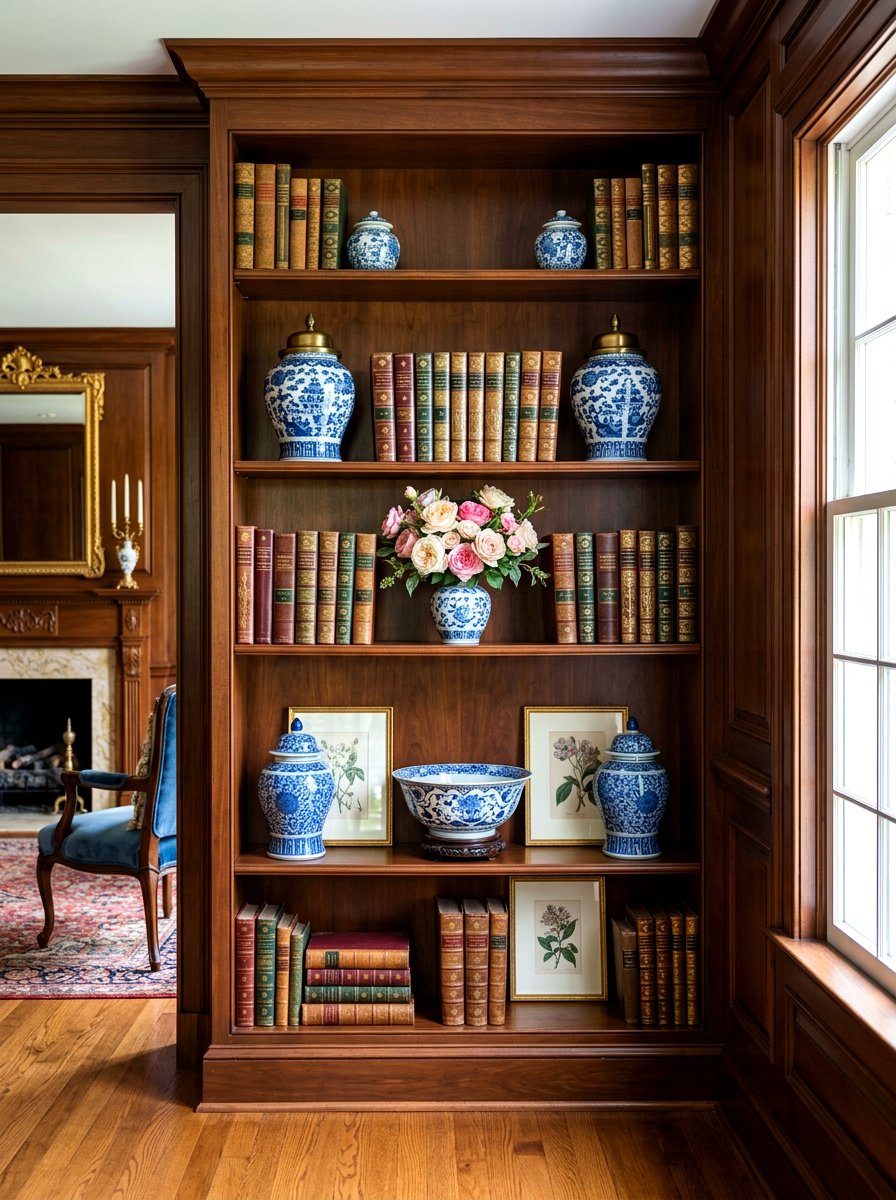 Traditional spring bookshelf - 30 bookshelf spring styling ideas