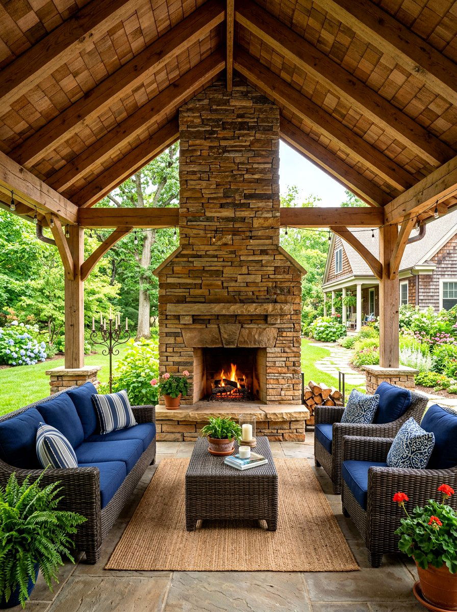 Traditional stacked stone fireplace pavilion - 30 pavilion fireplace ideas