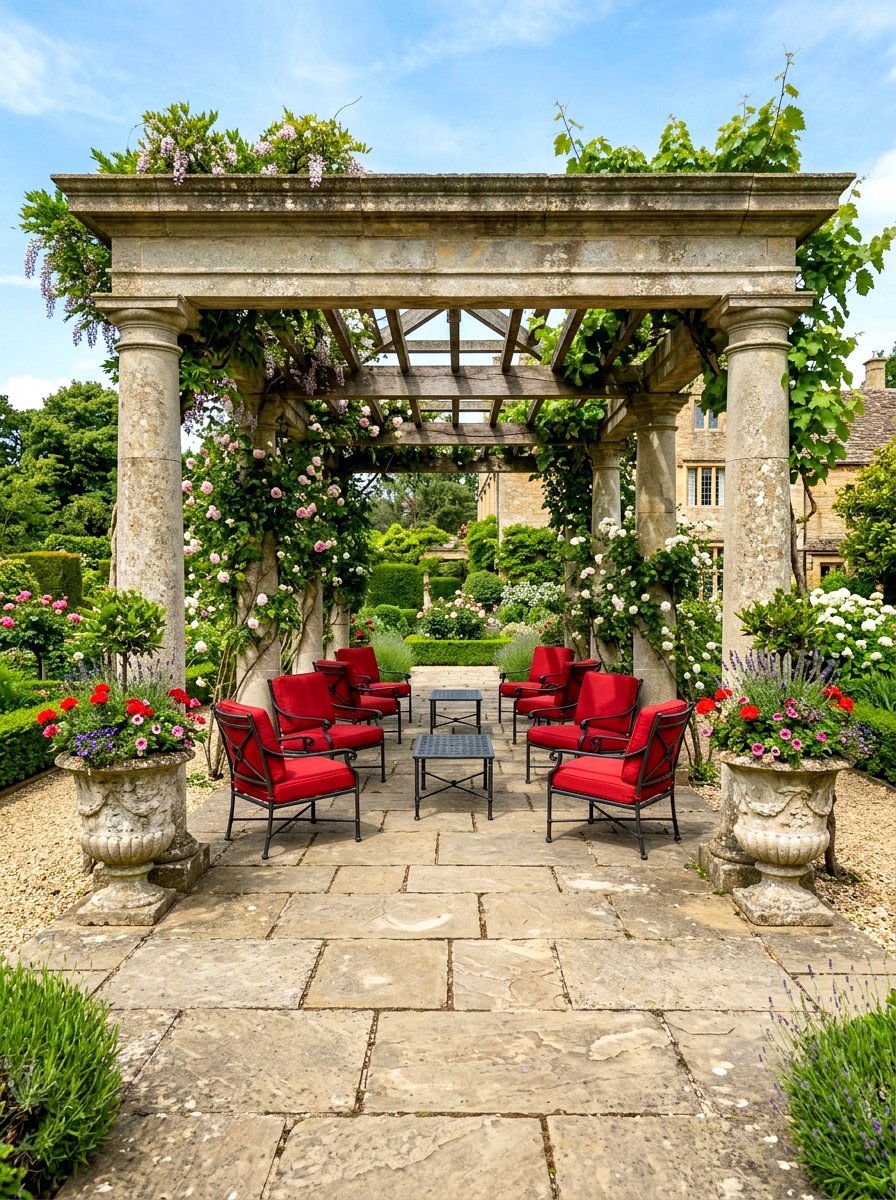 Traditional stone pergola patio - 30 open pergola seating ideas