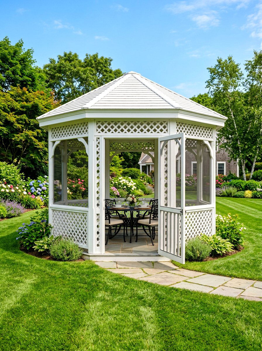Traditional white screened gazebo - 30 screened gazebo dining ideas