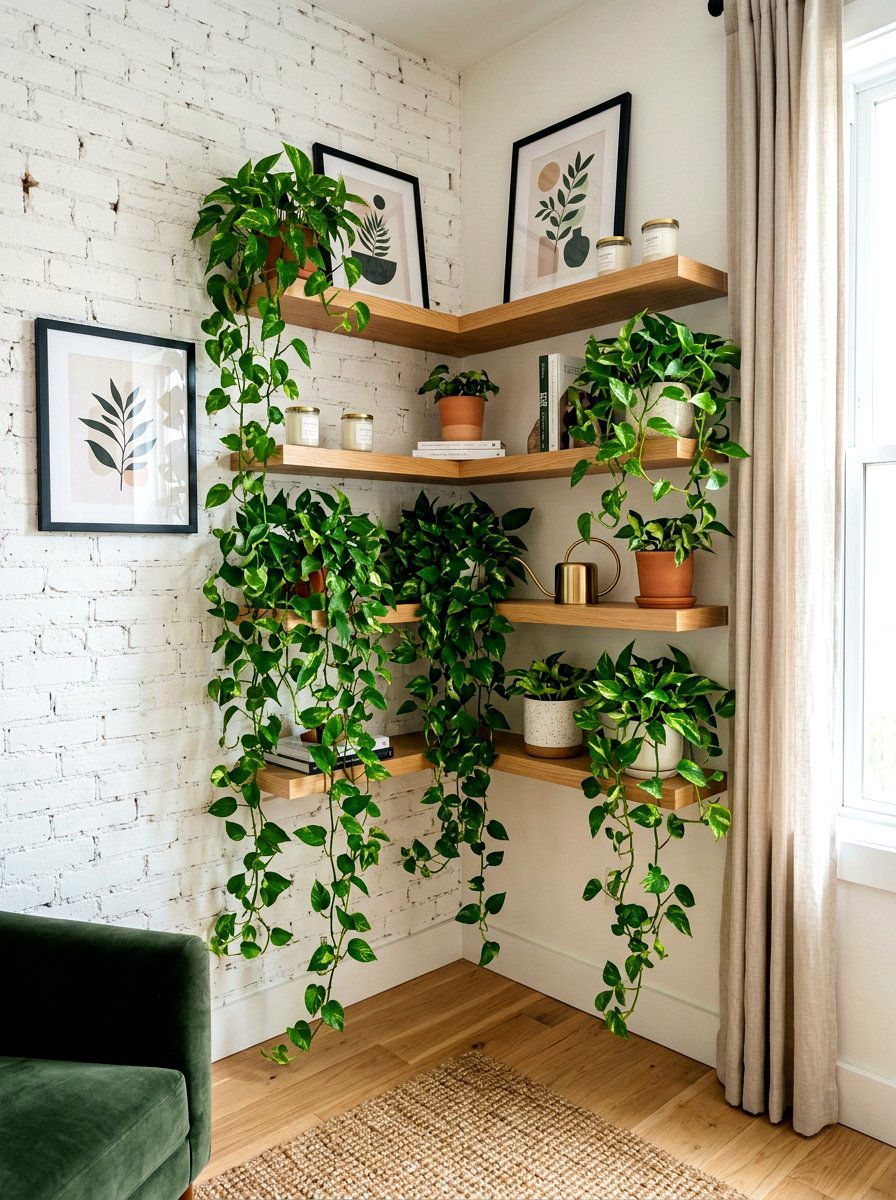Trailing Pothos Shelf - 30 corner plant living room ideas