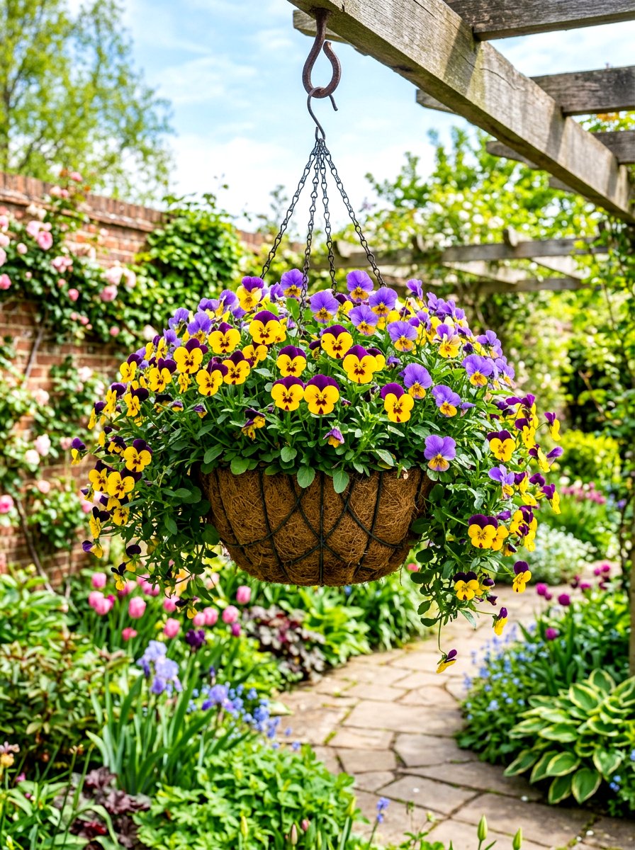 Trailing pansy hanging basket - 30 hanging basket ideas