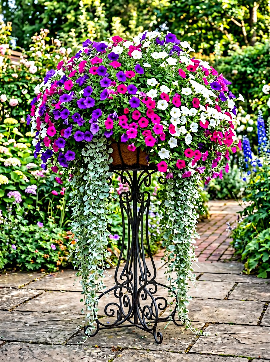 Trailing petunia basket - 30 mixed container garden ideas