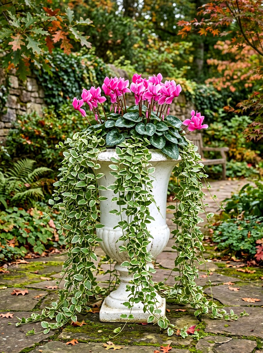 Trailing vinca and cyclamen autumn planter - 30 autumn planter ideas