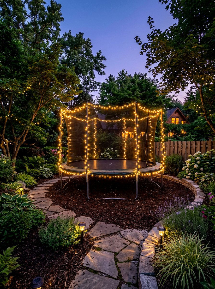 Trampoline lighting - 30 trampoline landscaping ideas