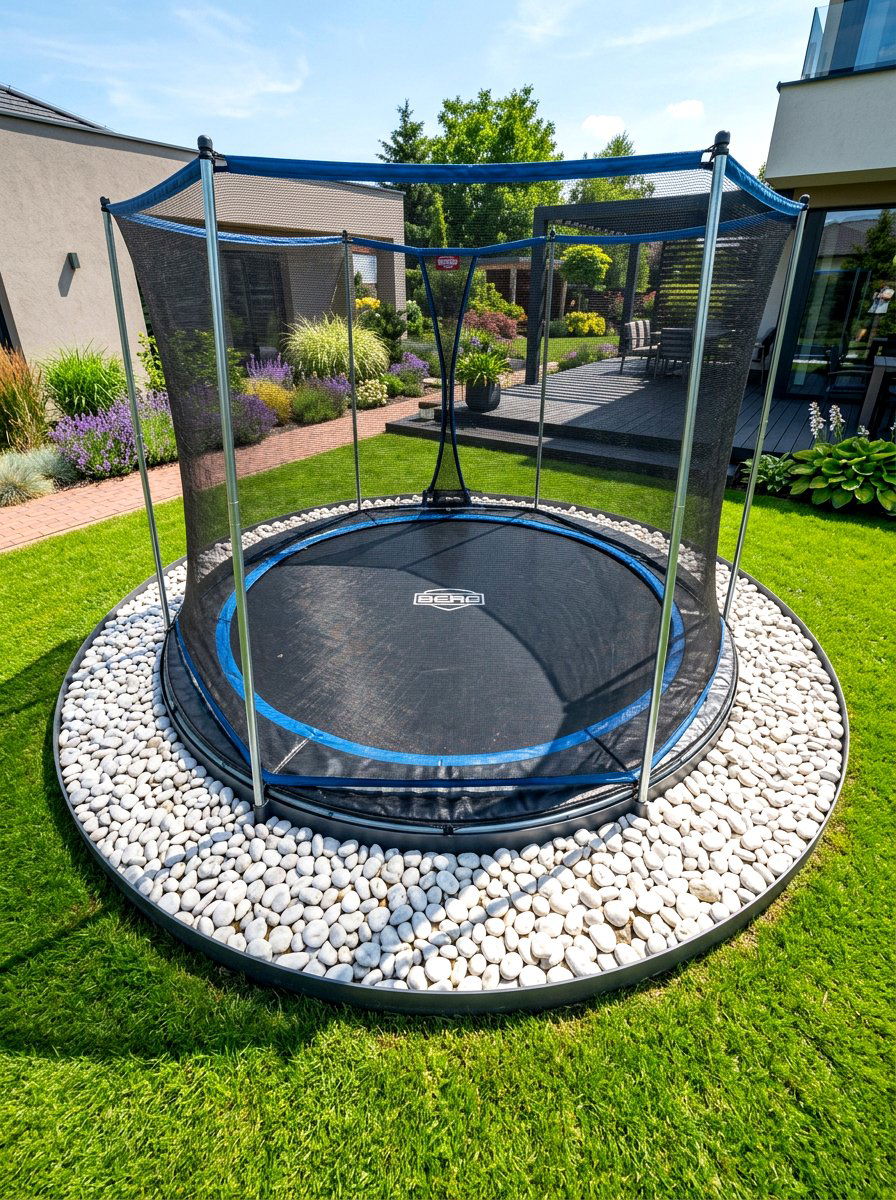Trampoline pebble border - 30 trampoline landscaping ideas