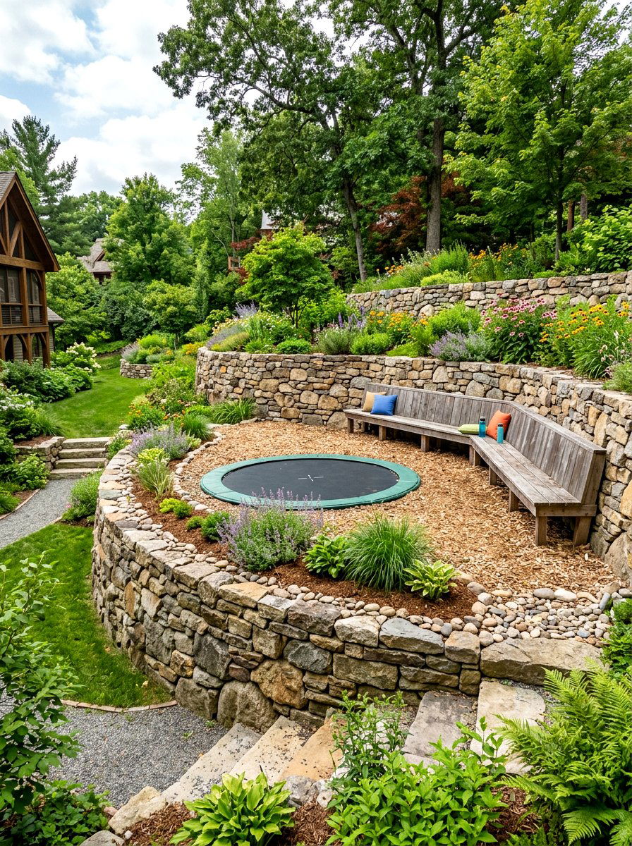 Trampoline retaining wall - 30 trampoline landscaping ideas