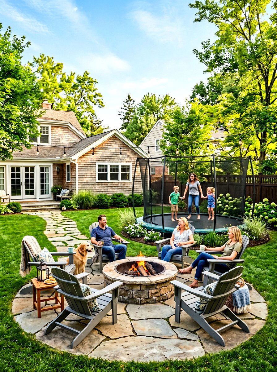 Trampoline seating area - 30 trampoline landscaping ideas