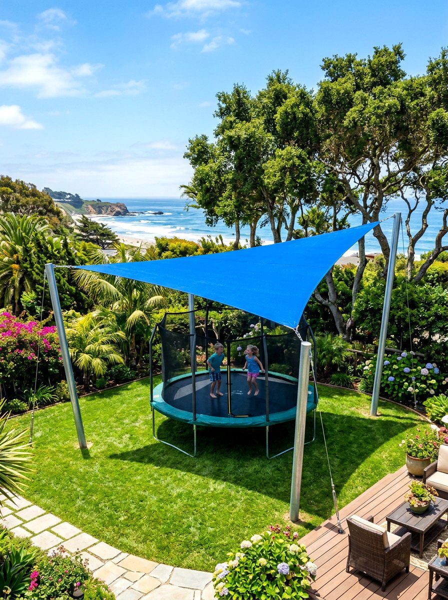 Trampoline shade sail - 30 trampoline landscaping ideas