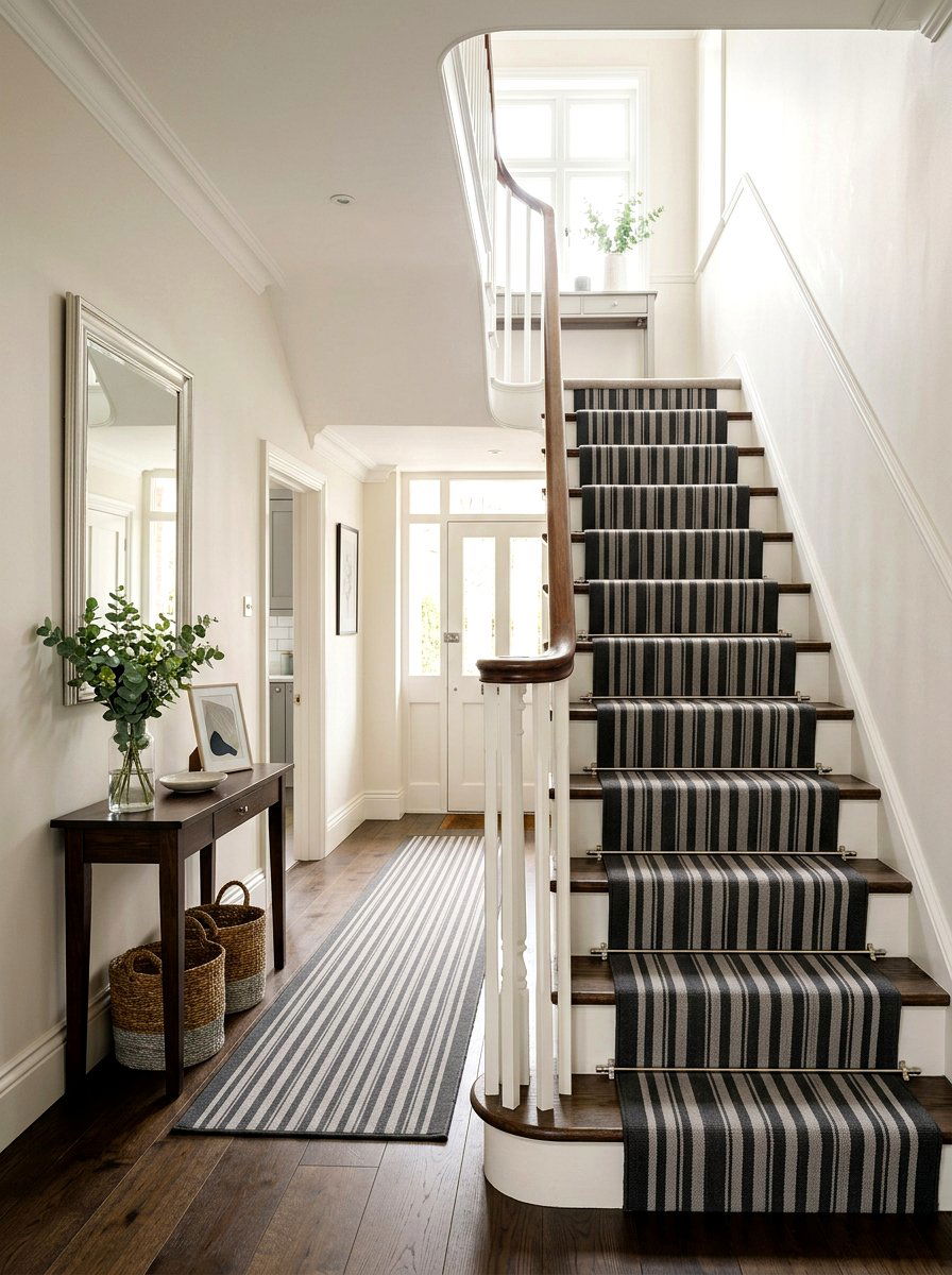 Transitional Charcoal Striped Stair Runner - 30 stair runner stripe ideas