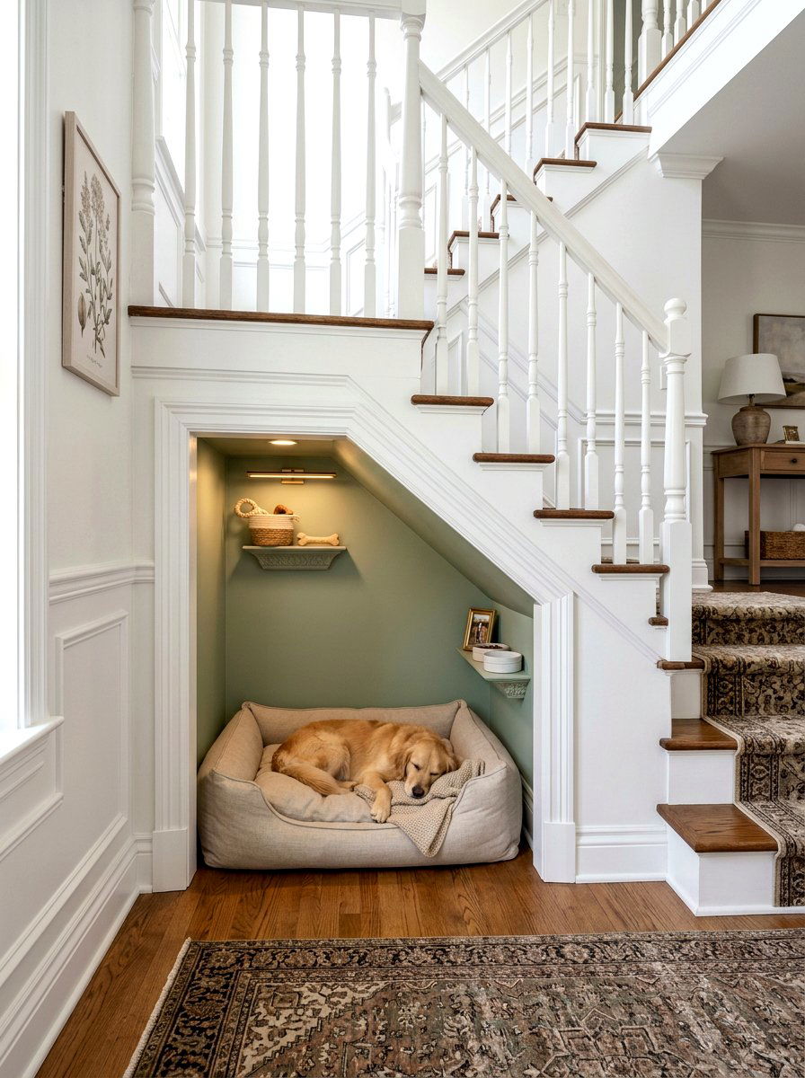 Transitional Dog Nook With Molding - 30 under stairs dog nook ideas