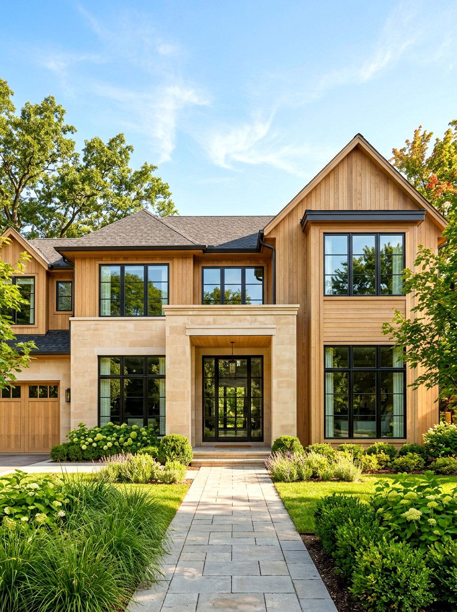 Transitional Home Exterior With Light Oak And Sandstone - 30 stone and wood exterior ideas
