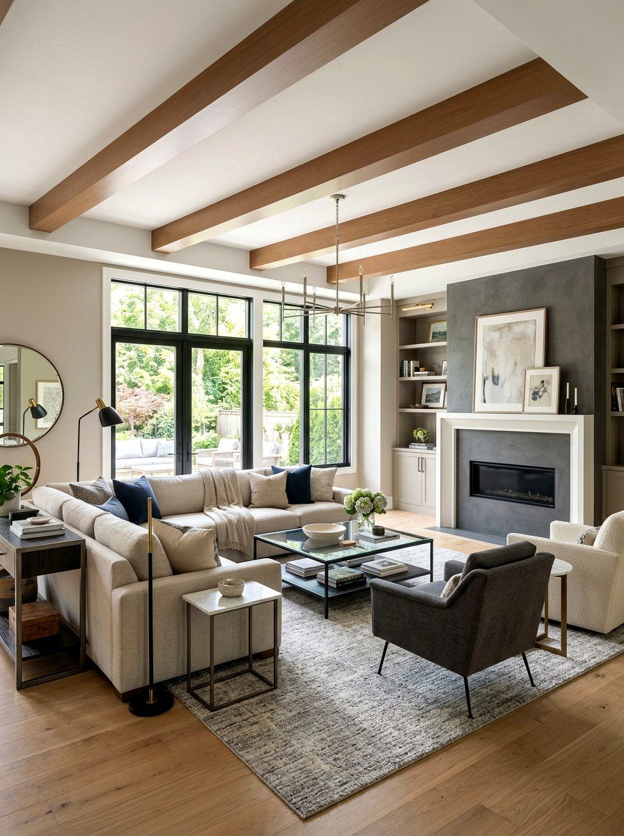 Transitional Living Room Beam - 30 wood beam ceiling ideas