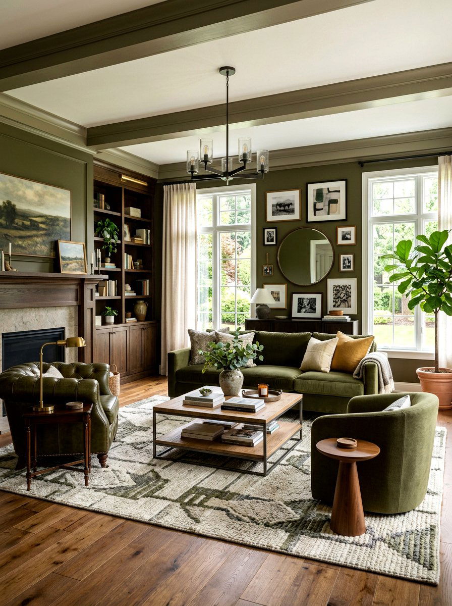 Transitional Olive Family Room - 30 deep olive lounge ideas