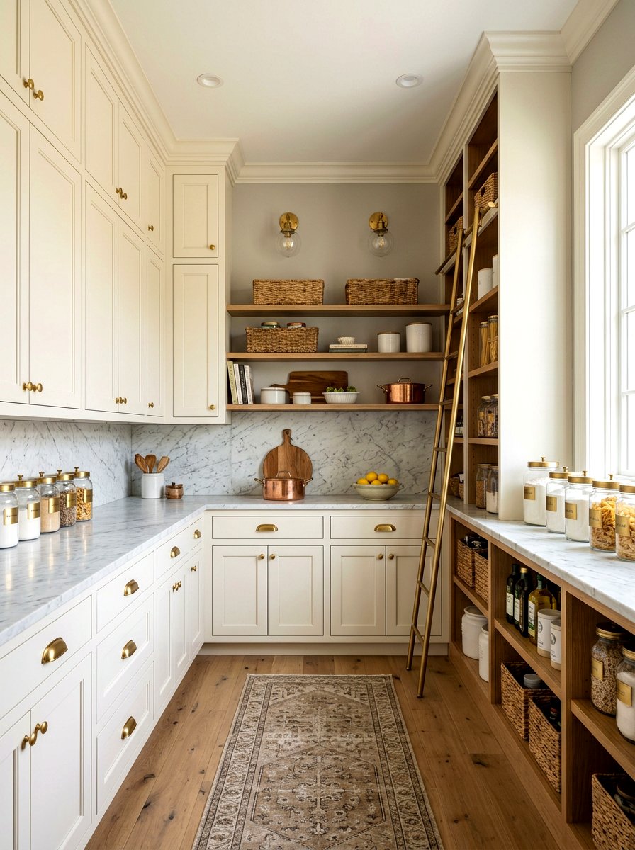Transitional Pantry With Brass Hardware - 30 pantry scullery combo ideas