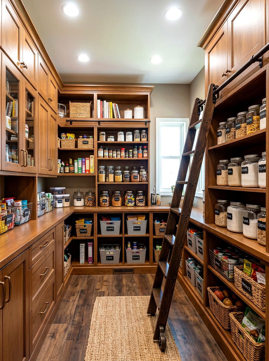 Transitional Pantry With Bronze Ladder Hardware - 30 pantry with library ladder ideas