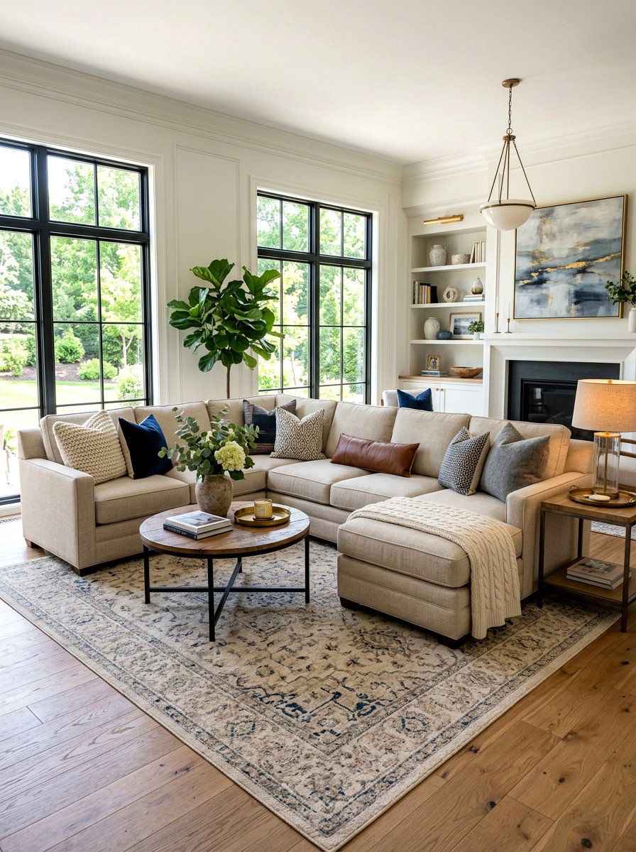 Transitional Sectional With Mixed Textures - 30 sectional layout ideas