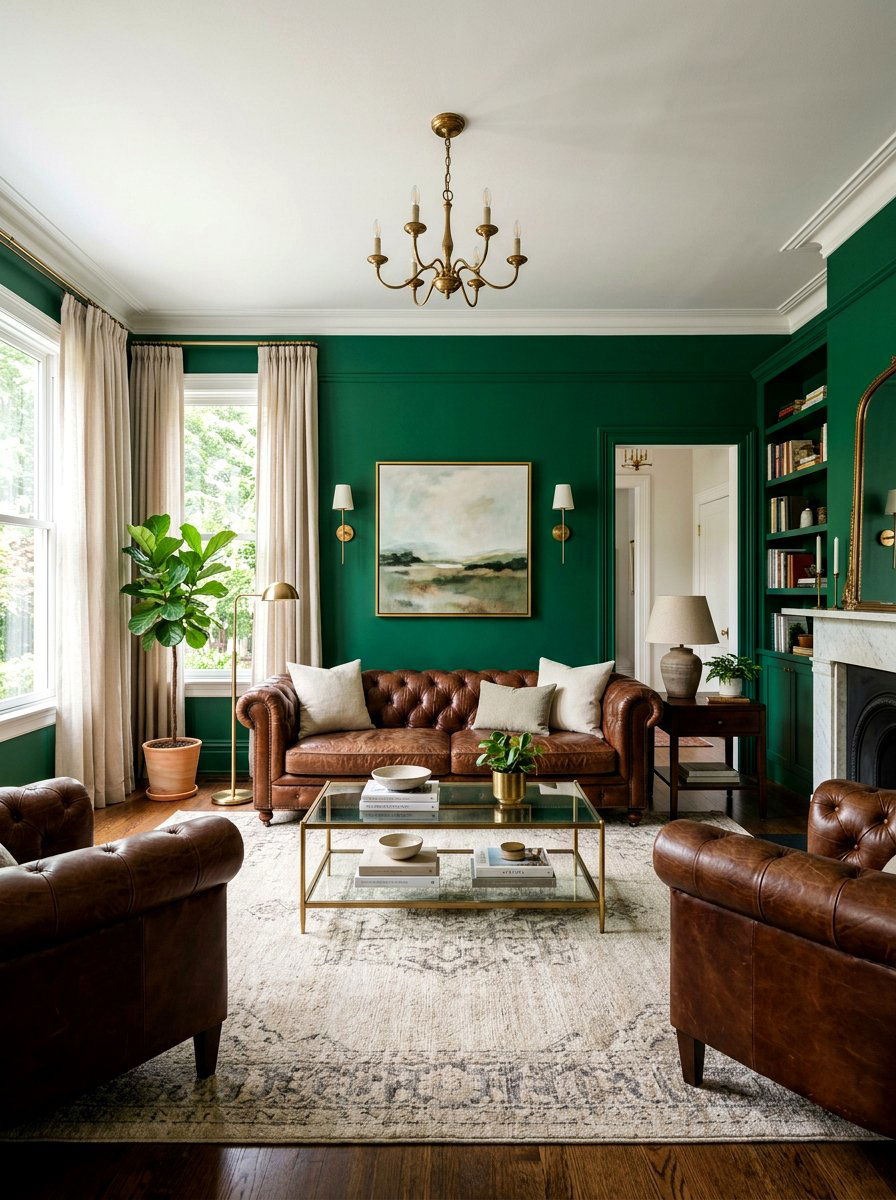 Transitional green living room with leather furniture - 30 emerald green living room ideas
