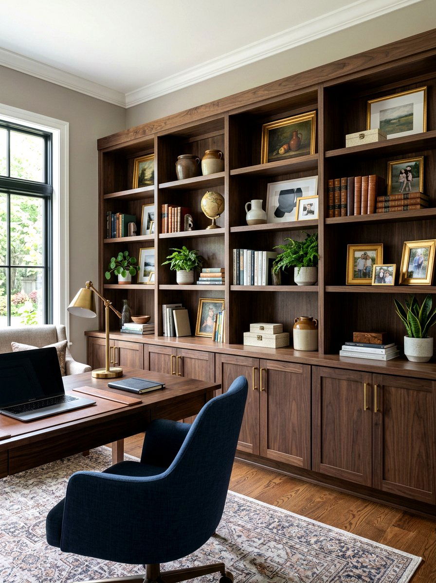 Transitional home office shelving - 30 office bookshelf styling ideas