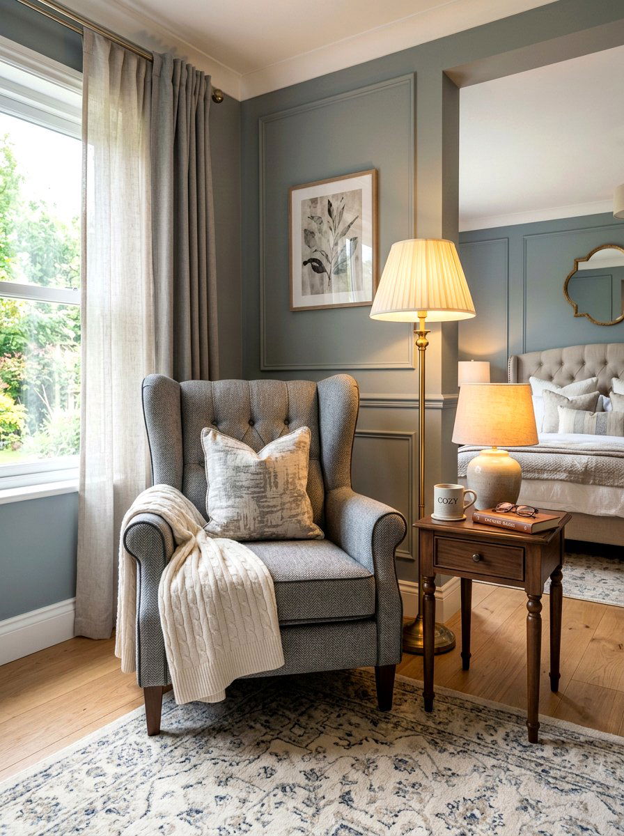 Transitional wingback chair - 30 bedroom alcove seating ideas