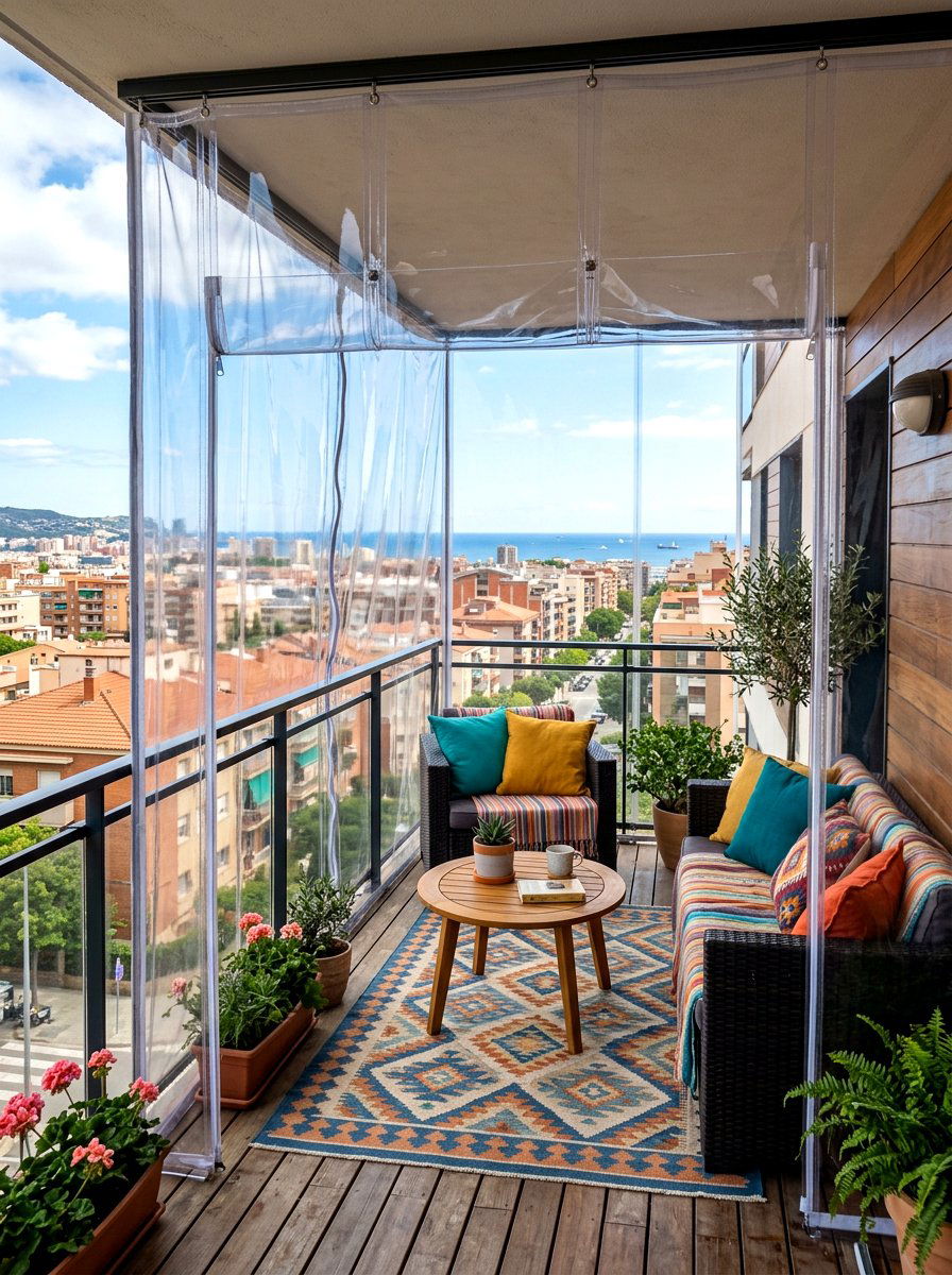 Transparent PVC Weatherproof Curtains - 30 balcony privacy curtain ideas