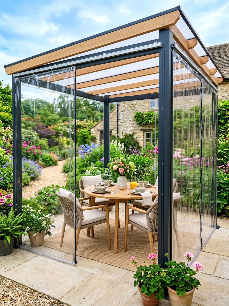 Transparent plastic curtains - 30 pergola curtain ideas