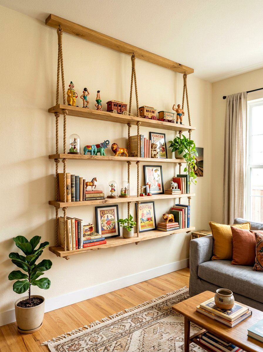 Trapeze inspired floating shelves - 30 circuscore home decor ideas