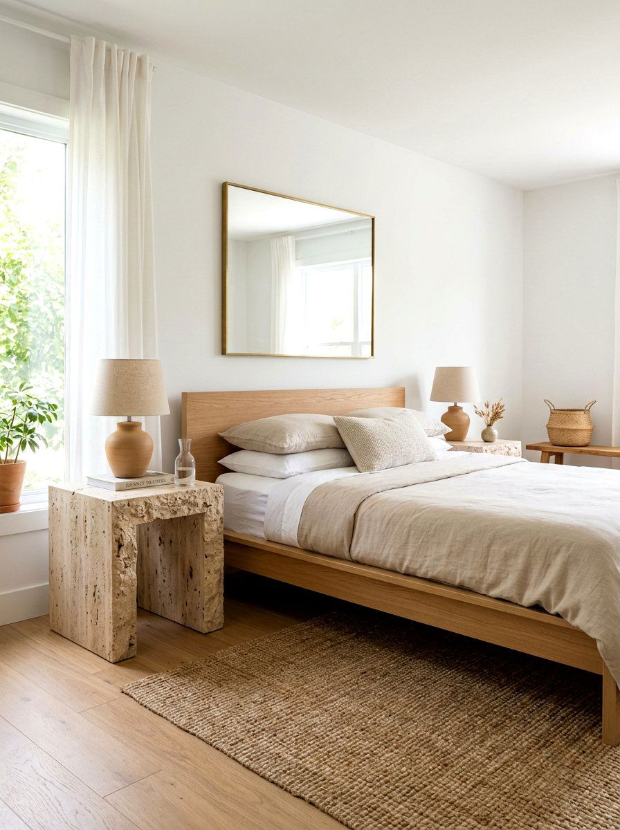 Travertine Bedside Table - 30 organic modern bedroom ideas