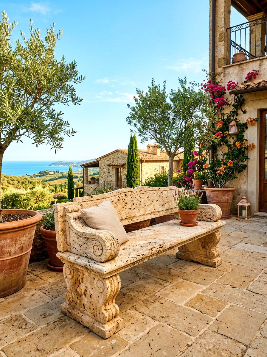 Travertine Garden Bench - 30 stone bench garden ideas
