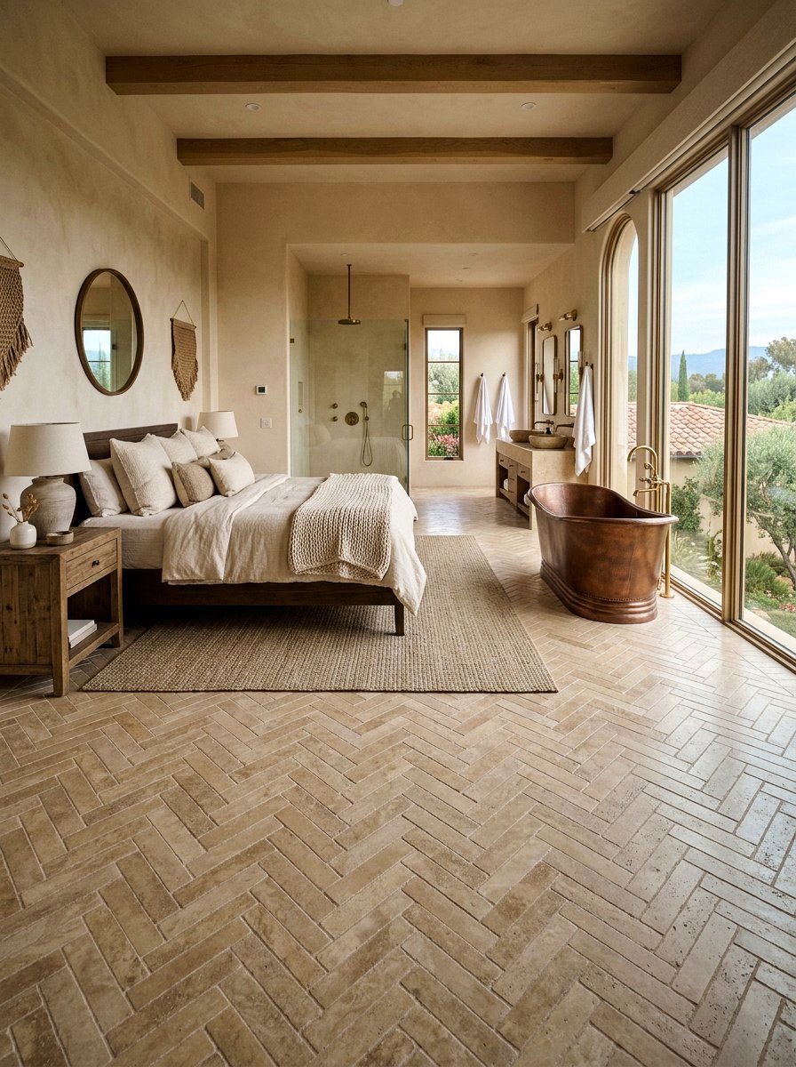 Travertine Herringbone Master Suite - 30 herringbone floor ideas
