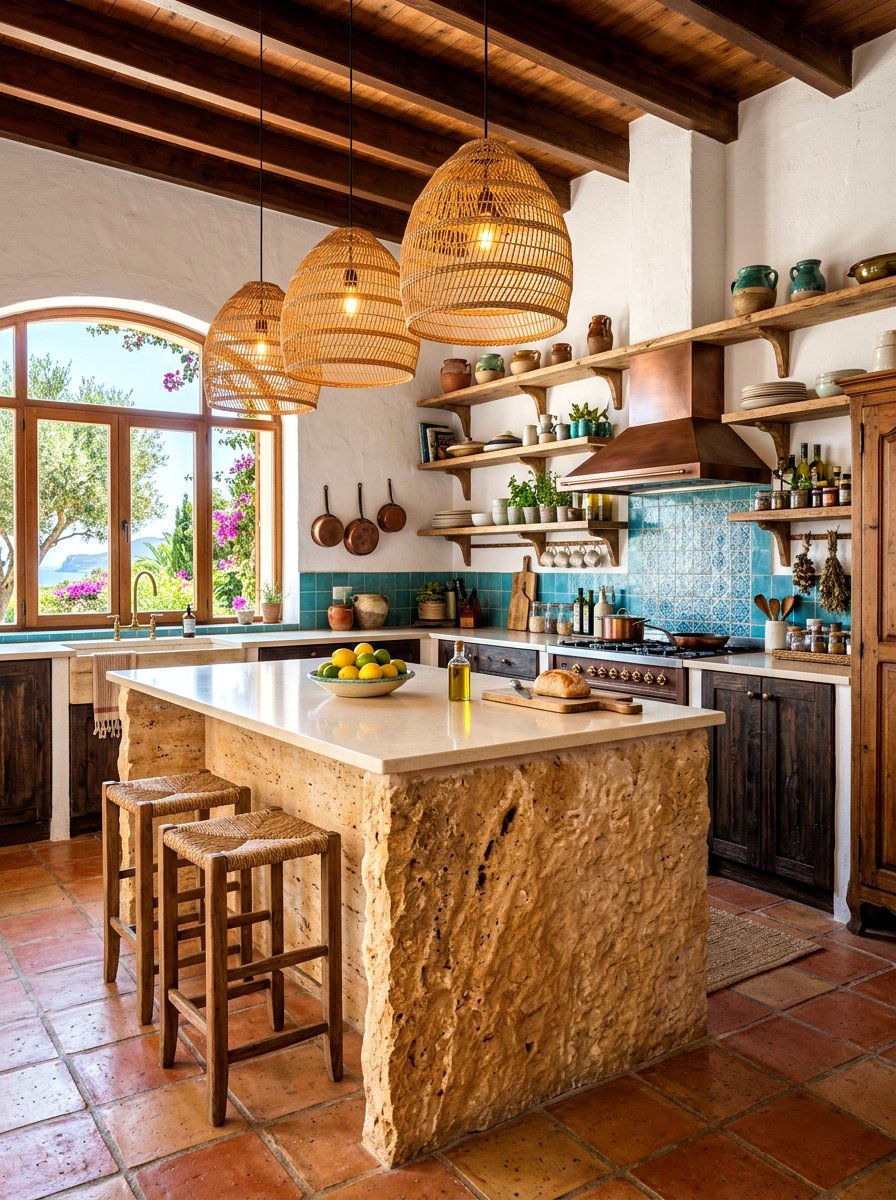 Travertine Island Base - 30 slab stone kitchen ideas