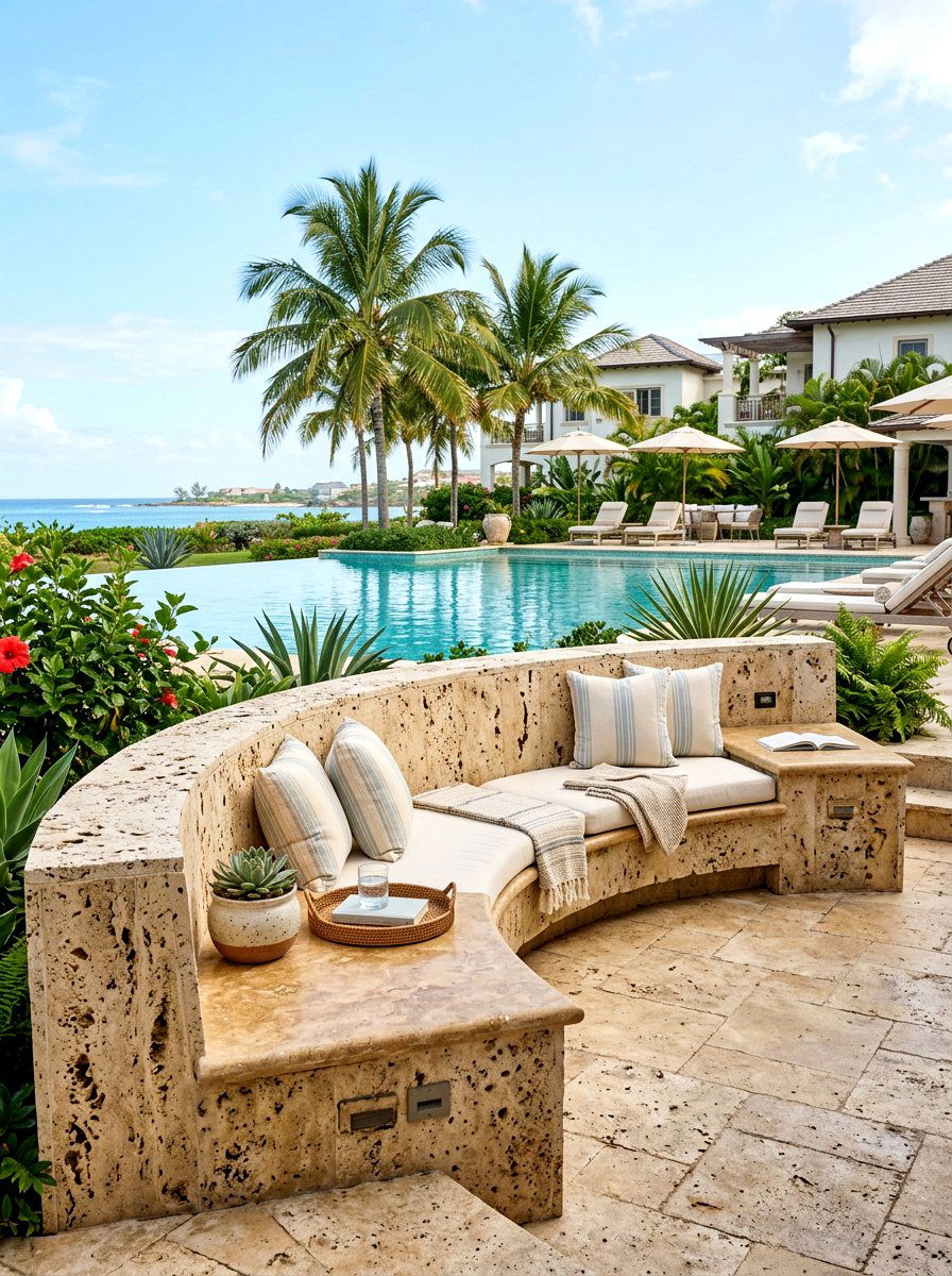 Travertine Stone Terrace Wall Seating - 30 seat wall ideas