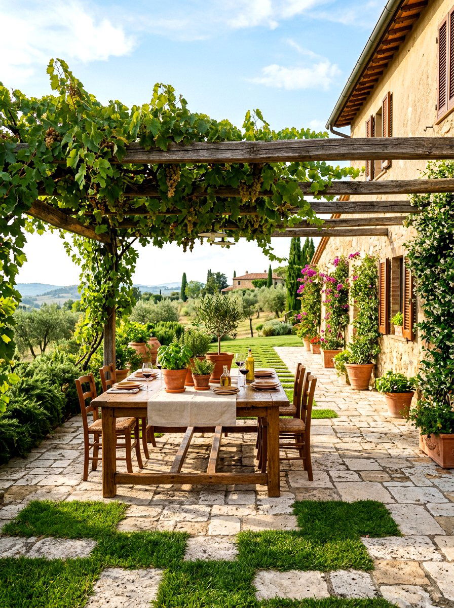 Travertine and grass outdoor patio - 30 checkerboard patio paver ideas