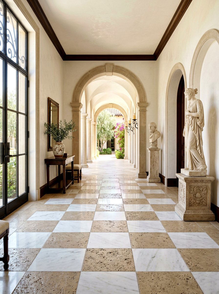 Travertine and marble foyer - 30 checkerboard foyer floor ideas