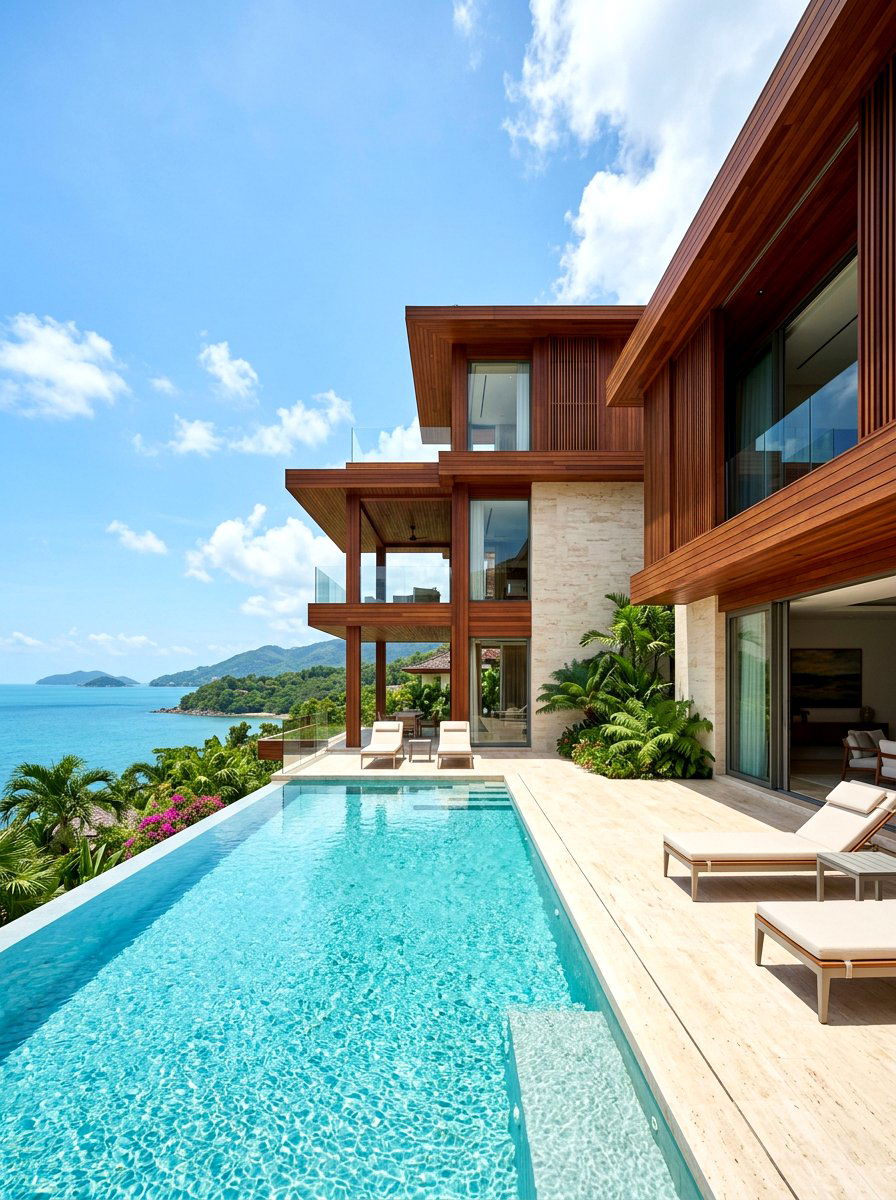 Travertine and wood paneling - 30 mixed material facade ideas