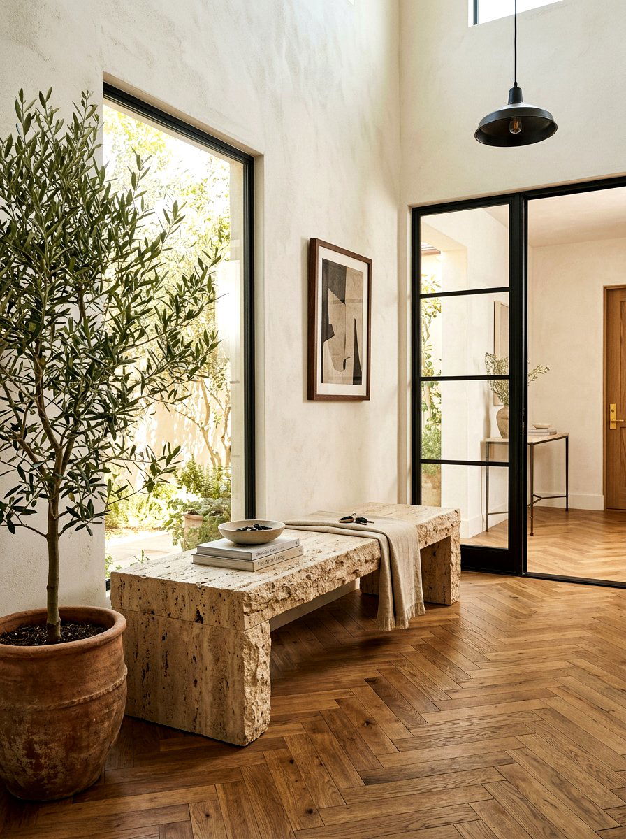 Travertine block entry bench - 30 sculptural entry bench ideas