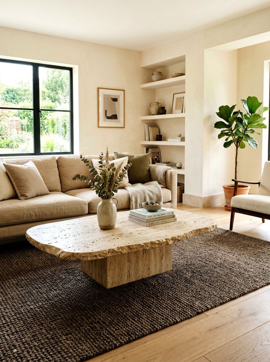 Travertine coffee table - 30 tonal brown living room ideas