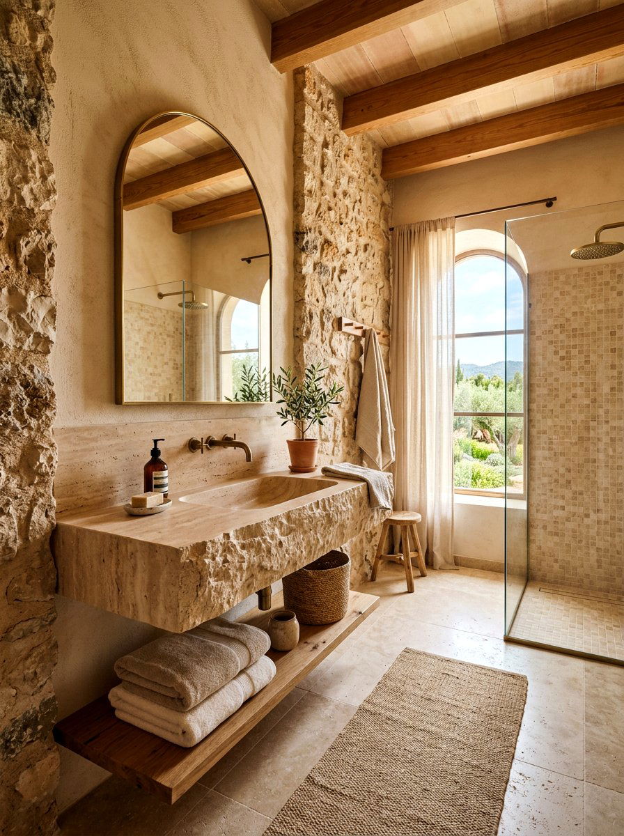 Travertine integrated vanity - 30 integrated sink countertop ideas