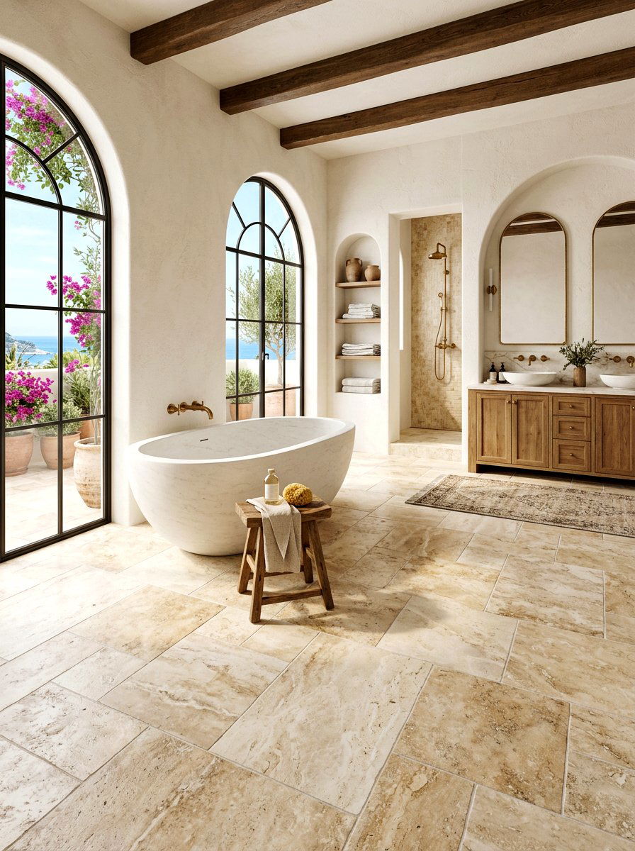 Travertine look floor tile - 30 removable tile bathroom ideas