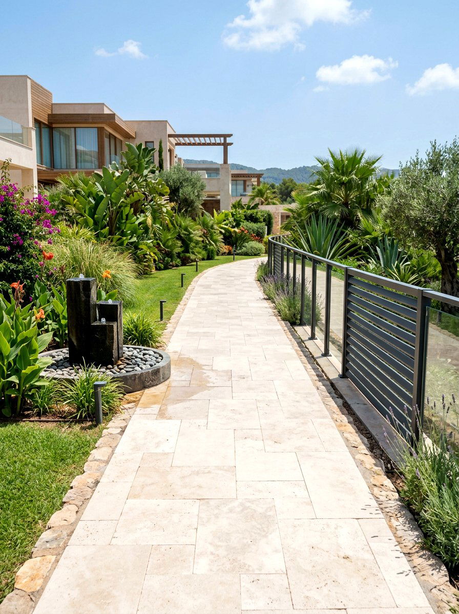 Travertine outdoor path - 30 narrow side yard path ideas